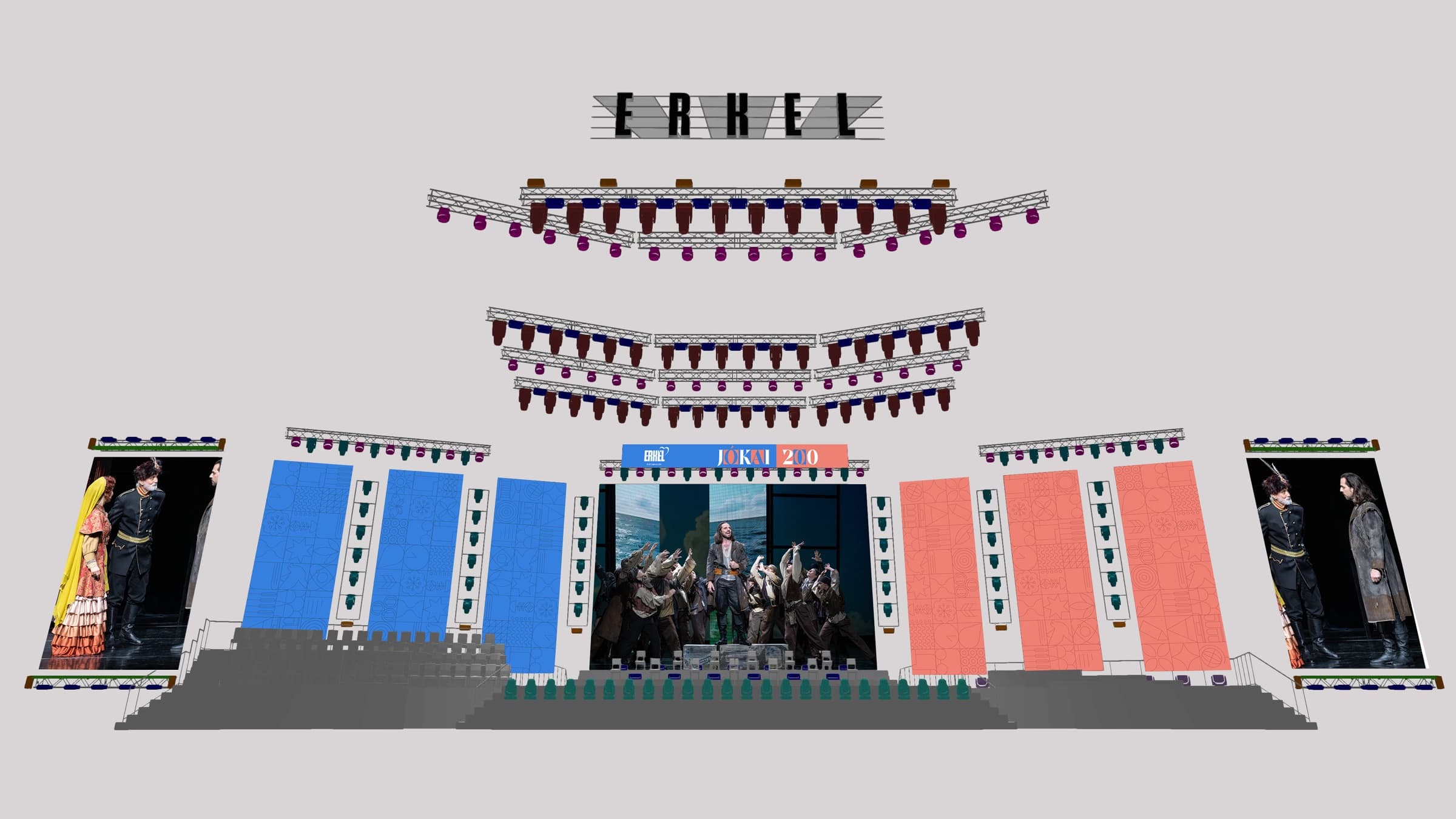 El escenario del Teatro Erkel, visualizado con la versión coral