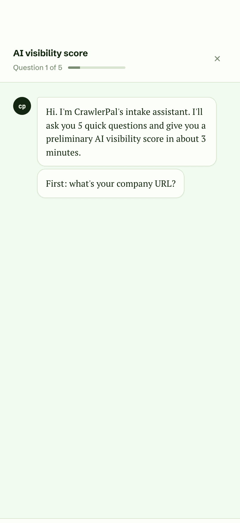 The AI visibility score: question 1 of 5, asking for your company URL