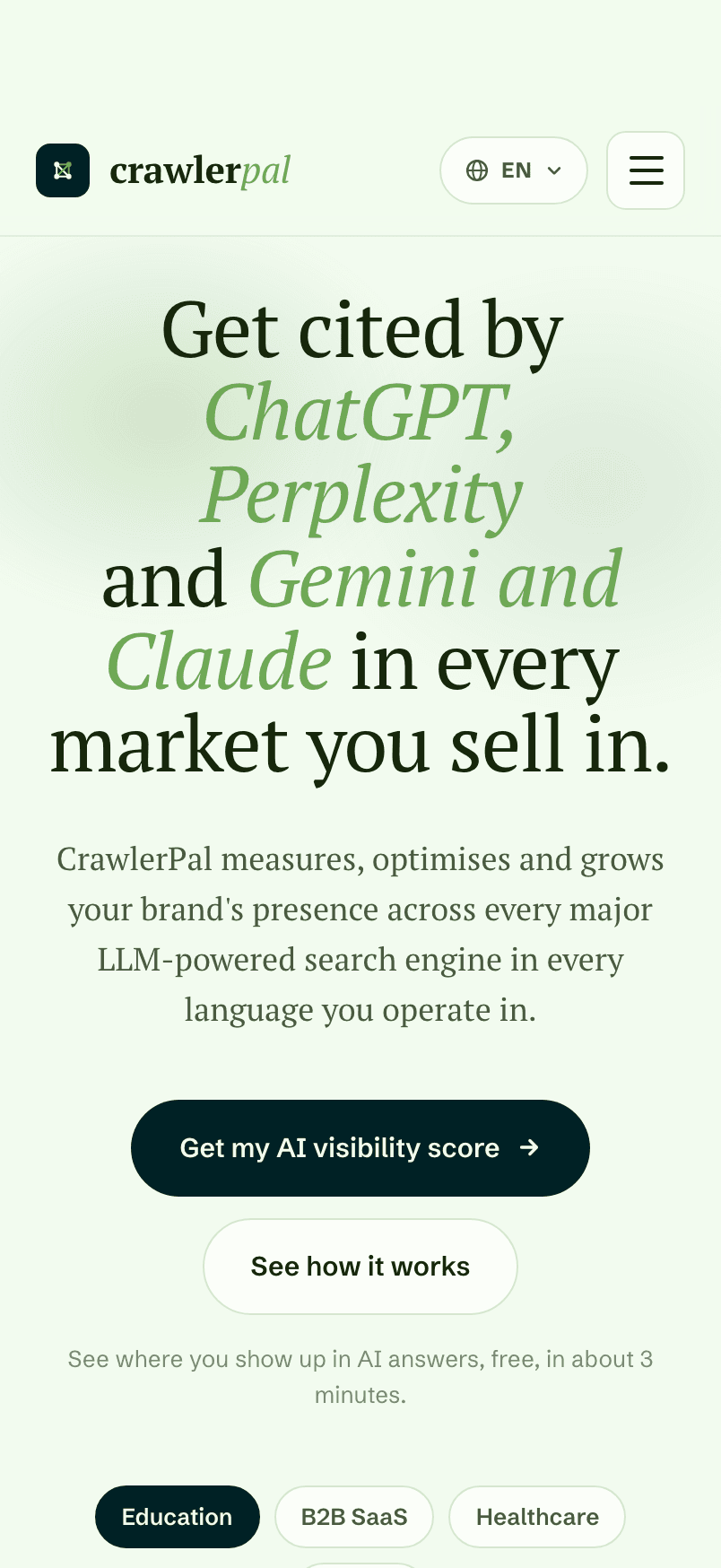 The CrawlerPal home page: Get cited by ChatGPT, Perplexity, Gemini and Claude