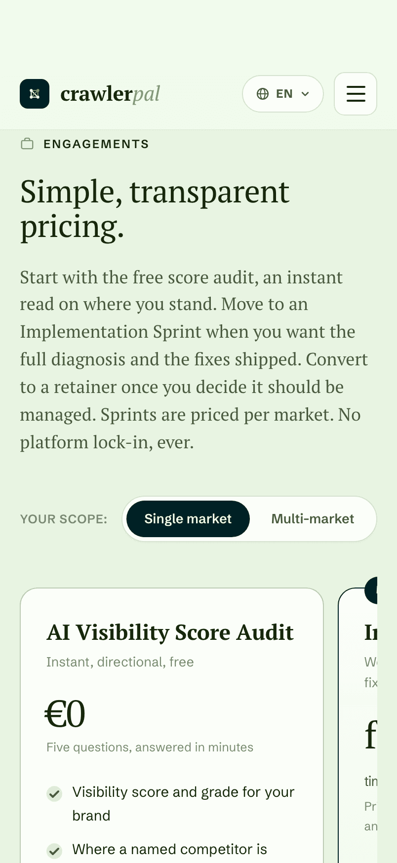 Pricing: the free AI visibility score audit, then the Implementation Sprint