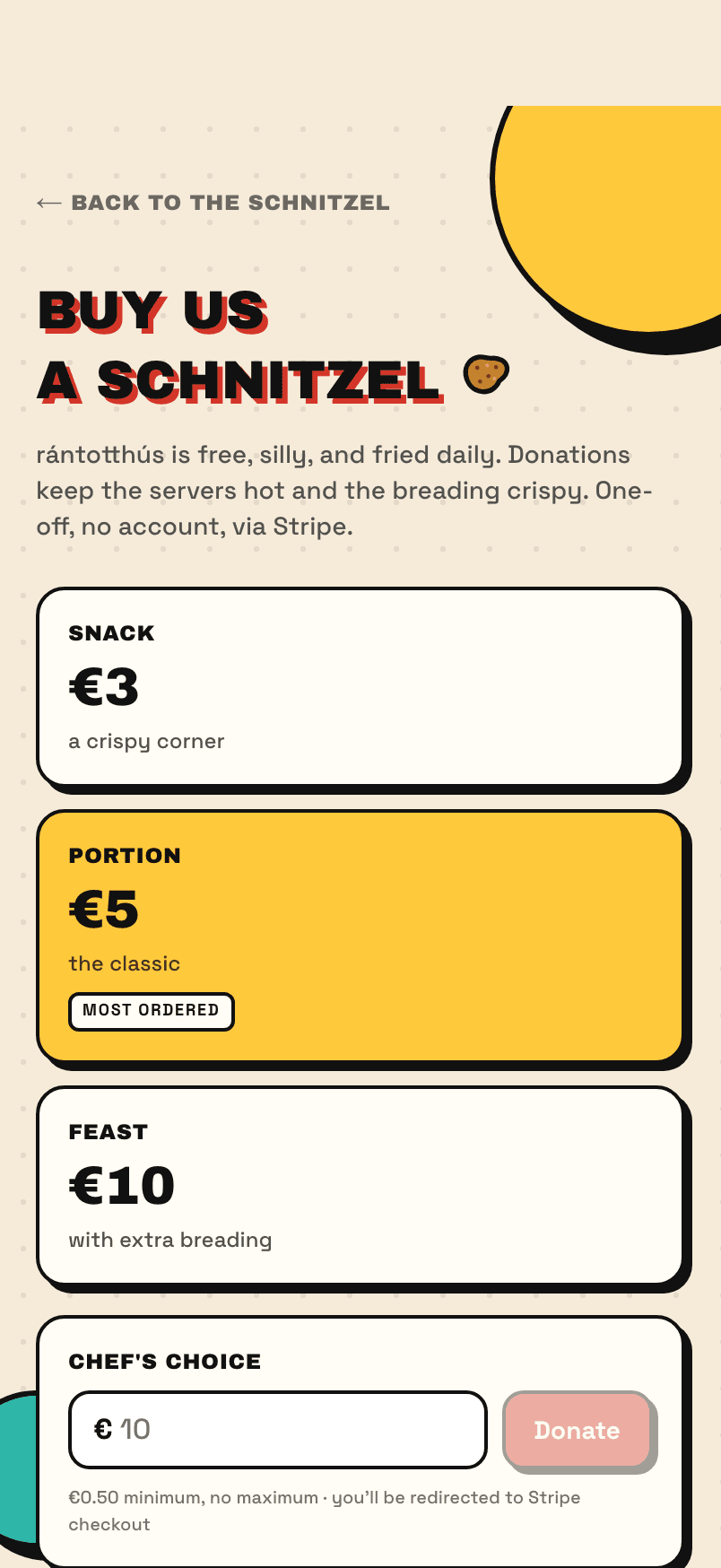 Buy us a schnitzel: €3, €5 or €10 through Stripe