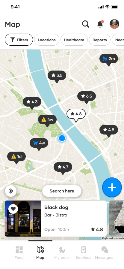 El mapa de Budapest con lugares valorados, avisos y perros cerca, y la ficha de un bar que admite perros