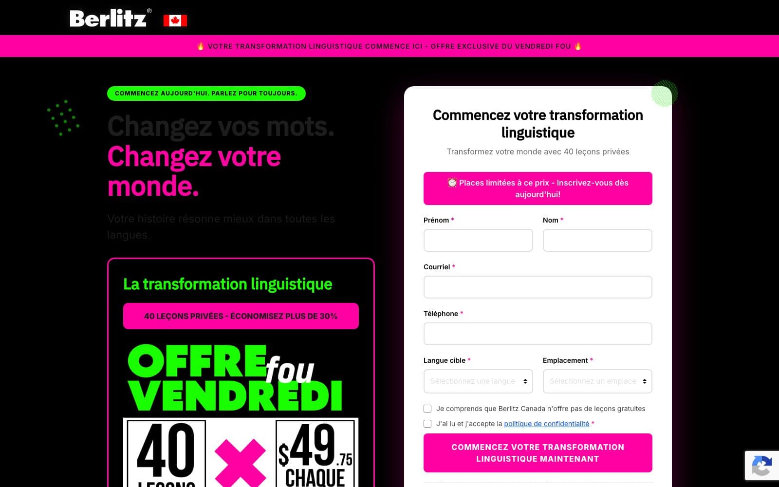 The French page, with the call-back form