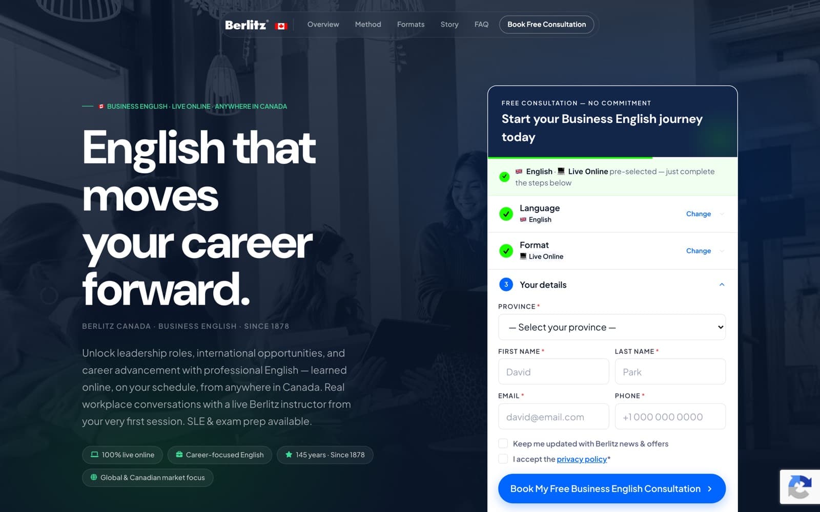 Una página de segmento: inglés de negocios