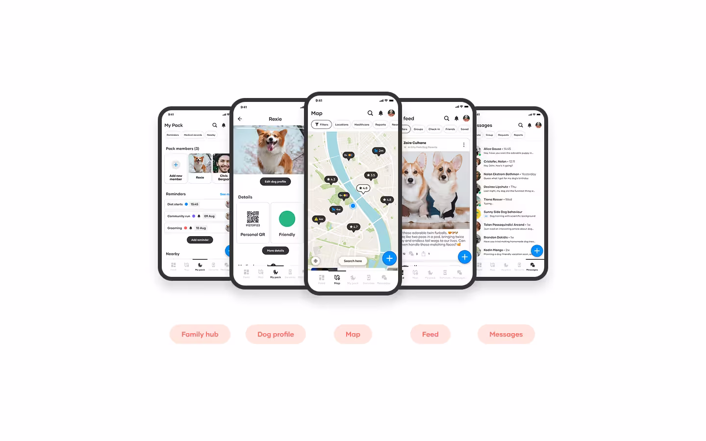 Feed, dog profile, map, pack and messages