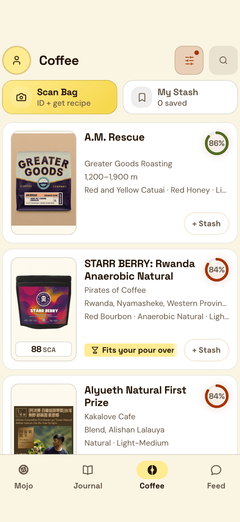El catálogo de cafés, con Scan Bag, My Stash y granos a juego con tu gusto