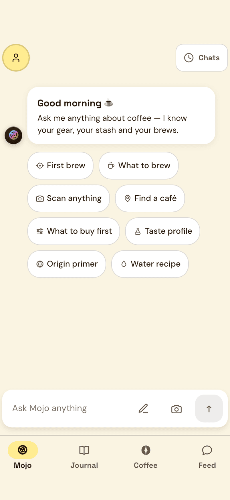 Mojo: Buenos días. Pregúntame lo que quieras sobre café, con atajos para una primera preparación, escanear y encontrar una cafetería