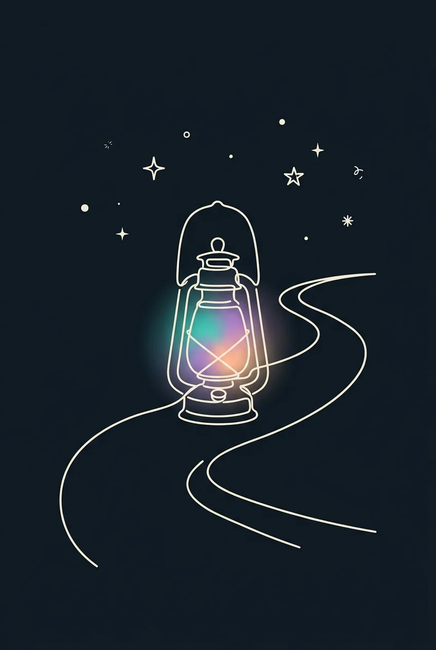 Un farol que brilla en un camino de noche, dibujado con una sola línea crema