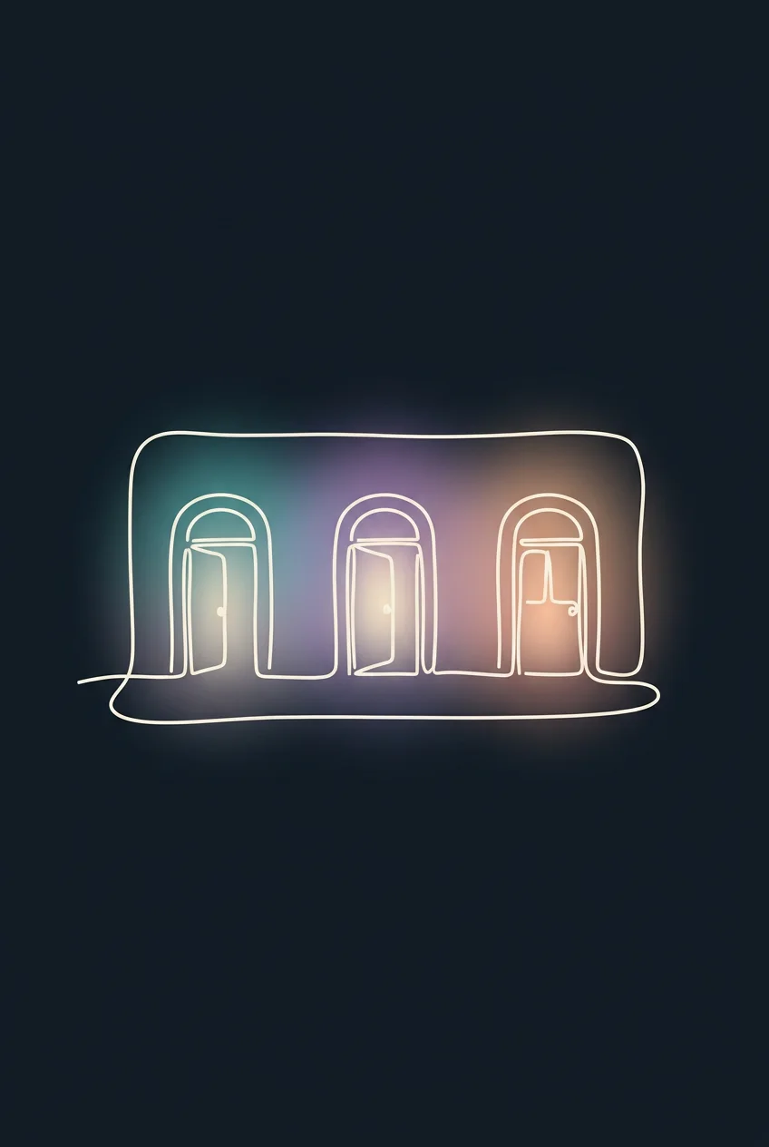 Tres puertas suavemente iluminadas en una calle tranquila