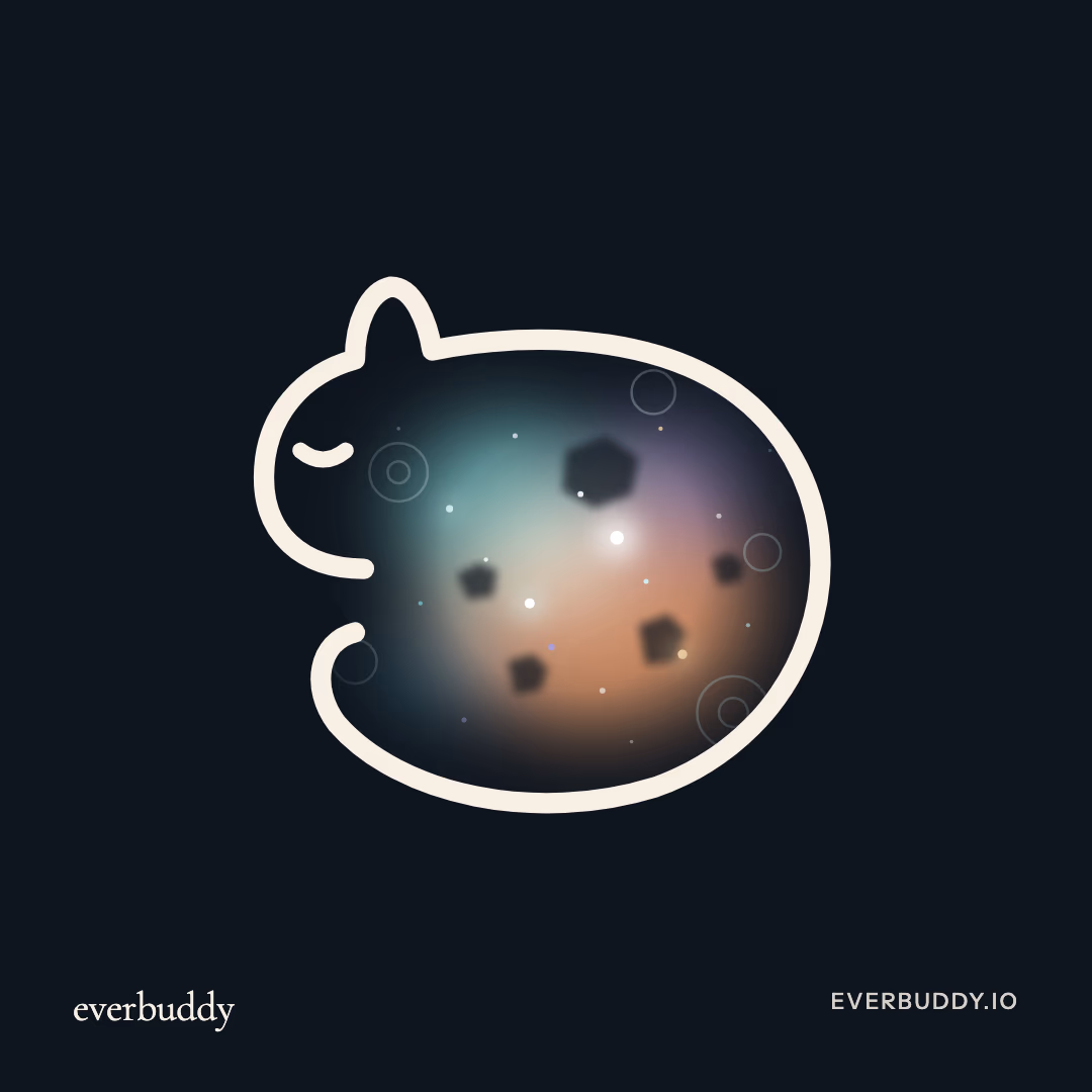 Publicación cuadrada con el símbolo de Everbuddy en grande sobre fondo noche