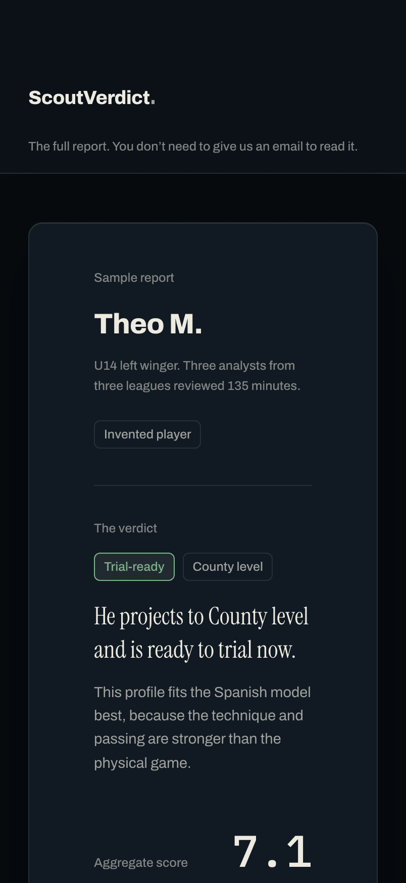 The sample report for an invented U14 left winger, with the verdict